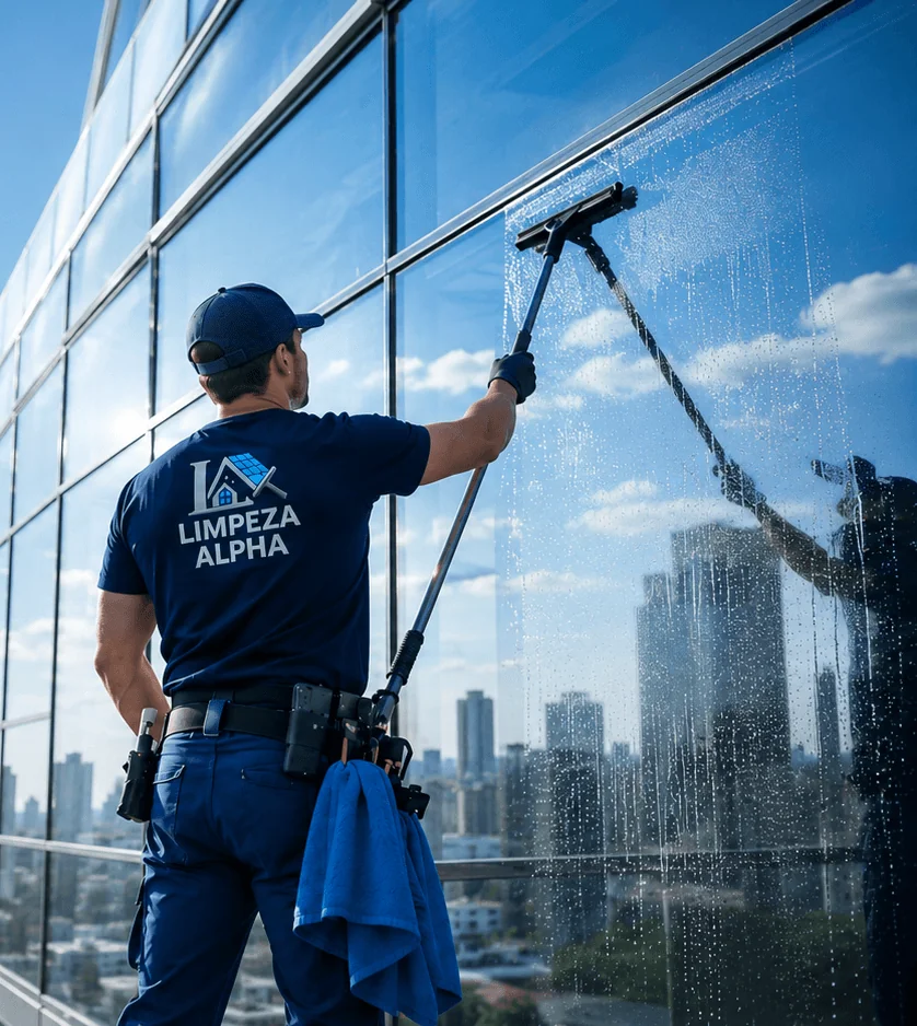 Profissional da Limpeza Alpha realizando limpeza técnica de fachada de vidro em altura